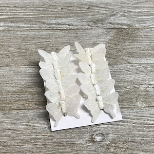 12 Tiny Vintage Inspired White Glitter Feather Butterflies on Wires - Flower Crown, Hair Accessories, Wedding, Flower Arrangement, Butterfly