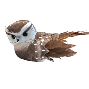 Decoratieve bruine schuimveer kunstmatige uil op clip - ambachtelijke versiering, kunstvogel, woondecoratie, paddenstoelvogel, Halloween, krans