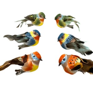 6 Decorative Artificial Birds on Clips - Assorted Colors, Home Decor, Christmas Decoration, Ornament, Wedding, Wreath, Bird Nest, DIY, Hat