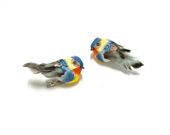 Two Artificial Blue Yellow Birds - Embellishment,  Home Decor, Wedding, Christmas Ornament, Bird Cage, Cake Topper, DIY, Baby Shower