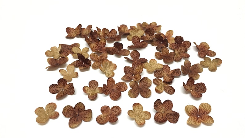 Artificial Flower Petals 80 Artificial Hydrangea Blossoms in Deep Brown- Silk Flowers Embellishments Millinery Wedding Hair Accessories