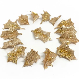 15 Gold Glitter Plastic Artificial Leaves - Christmas Decorations, Craft Leaves, Gold Leaves, Hair Accessory, Flower Crown, Wedding, Corsage