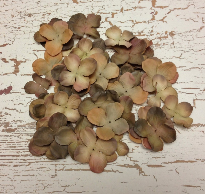 50 Dry Look Hydrangea Blossoms in Shades of Brown Artificial Flowers, Silk Flowers, Scrapbooking, Wedding, Flower Crown, Millinery image 3