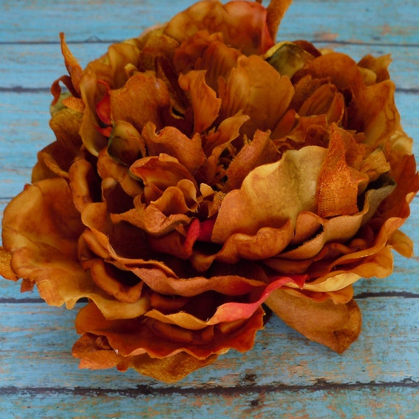 Silk Flowers - One Magnificent Jumbo Peony in Deep Rust Gold - 6 Inches