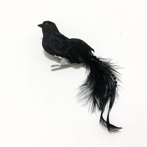 ONE Artificial Decorative Fancy BLACK Bird on Clip - Craft Embellishment, Christmas Tree Decoration, Millinery, Wreath