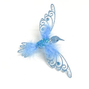 Artificial LIGHT BLUE Glitter Bird on Clip - Home Decor, Christmas Tree, Christmas Ornament, Hair Accessory, Wreath, Bird Cage, Centerpiece