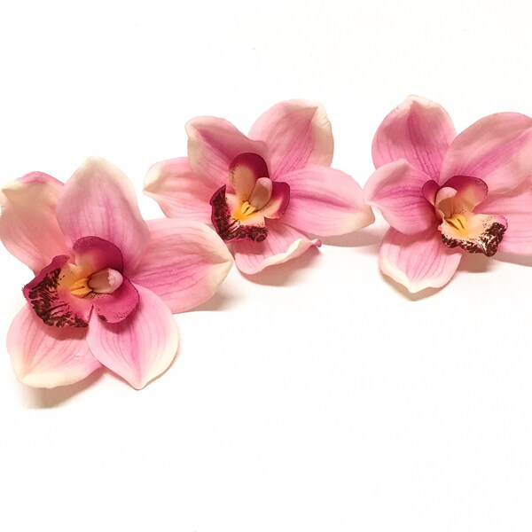 3 JUMBO künstliche rosa Orchideen - künstliche Blumen, Seidenblumen, Blumenkrone, Haar-Accessoires, Hochzeitsblumen, Corsage, Millinery, Hut