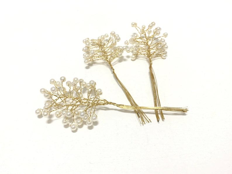 3 Sets 6mm CREAM GOLD Pearl Picks Artificial Flowers, Wedding Picks, Flower Crown, Hair Accessory, Millinery, Bouquet, Wedding, Scrapbook image 1