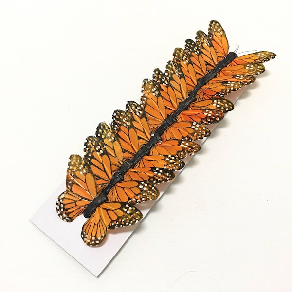 Feather Butterflies -12 Monarch Butterfly Embellishments in Orange and Black - Artificial Butterflies