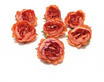 7 Coral Orange Artificial Mini Peonies- Artificial Flowers, Silk Flowers, Wedding, Hair Accessories, Flower Crown, Millinery, Corsage, Hat