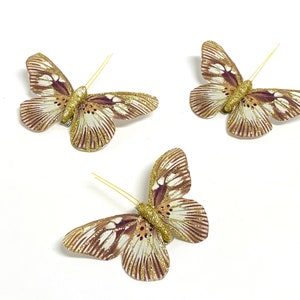 3 Brown Beige Gold Artificial Butterfly Clips - Artificial Butterfly, Hair Accessory, Flower Crown, Christmas Decorations, Millinery, Wreath