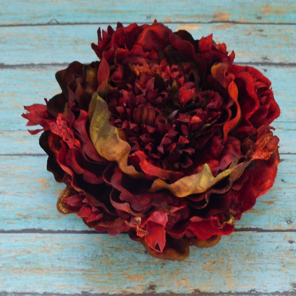 Last One - One DEFECTIVE Magnificent Jumbo Peony in Shades of Burgundy Brown Green - 6 Inches