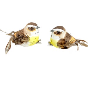 2 pájaros artificiales color melocotón, amarillo y marrón - Adornos artesanales, decoración del hogar, bodas, adornos navideños, jaulas de pájaros, decoración, baby shower