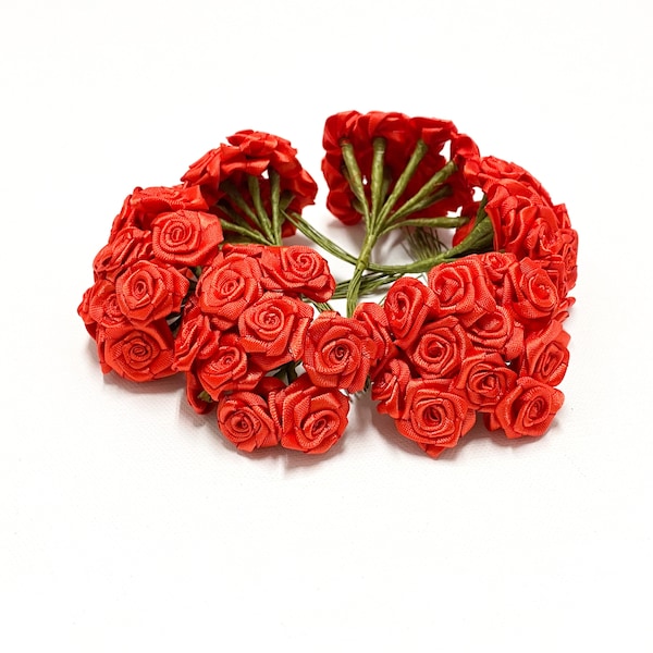 72 Red Ribbon Artificial Roses - Christmas Crafts, Card Making, Scrapbooking, Flower Crown, Artificial Flowers, Corsage, Scrapbooking