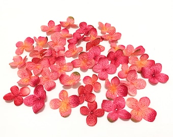 80 Fuchsia Yellow Pink Artificial Hydrangea Blossoms - Artificial Flowers, Silk Flowers, Wedding, Scrapbooking, Flower Crown, Hair Accessory
