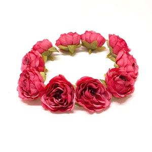 10 rosas artificiales con volantes ROJO FUCSIA - accesorio para el cabello, corona de flores, boda, bricolaje, flores artificiales, flores de seda, carta de flores, tutú