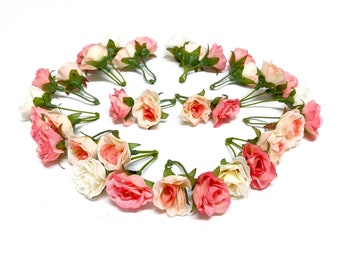34 pequenas rosas artificiais rosa e creme - rosas em miniatura, coroa de flores, acessório de cabelo, coroa de flores, chapelaria, corpete, casamento