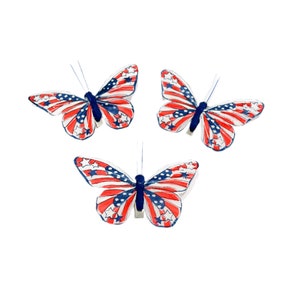 3 Stars and Stripes Red White Blue Artificial Feather Butterflies On Clips- Hair Accessory, Flower Crown, Ornament, Wreath, Wedding, Costume