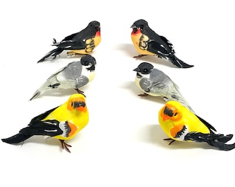 6 Decorative Artificial Birds on Clips - Assorted Colors, Home Decor, Christmas Decoration, Ornament, Wedding, Wreath, Bird Nest, DIY