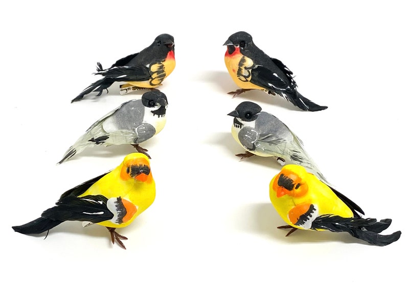 6 dekorative künstliche Vögel auf Clips verschiedene Farben, Home Decor, Weihnachtsdekoration, Ornament, Hochzeit, Kranz, Vogelnest, DIY Bild 1