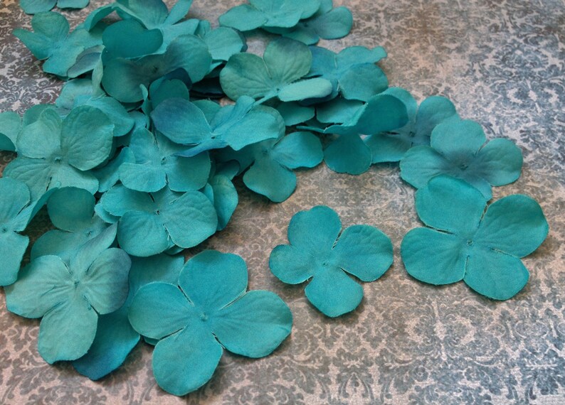 TURQUOISE Hydrangea Blossoms 50 Pcs Artificial Flowers, Silk Flowers, Flower Crown, Millinery, Scrapbooking, Wedding image 2