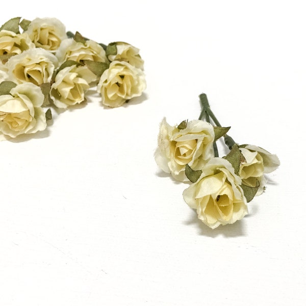 Artificial Flowers - 15 Tiny Yellow Mini Roses - Dry Look - Very SMALL Flowers