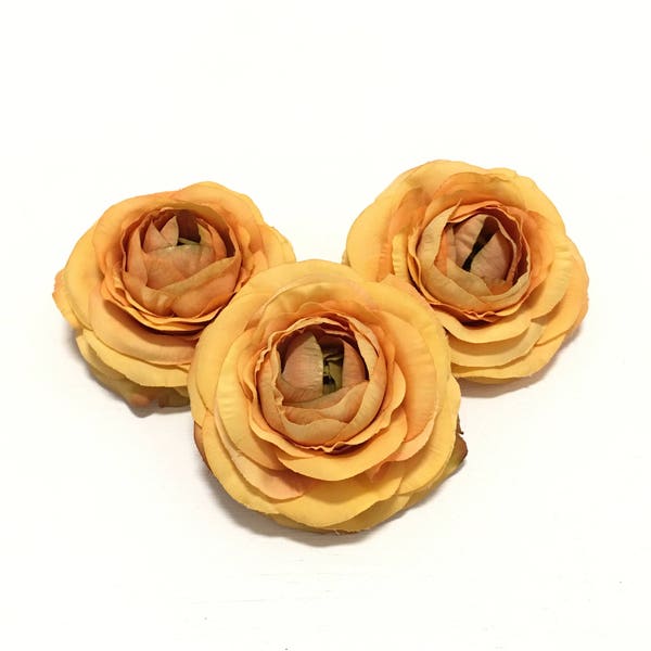 Seidenblumen - DREI Gelb Orange Seide Ranunculus - 3.5 Zoll - Künstliche Blumen