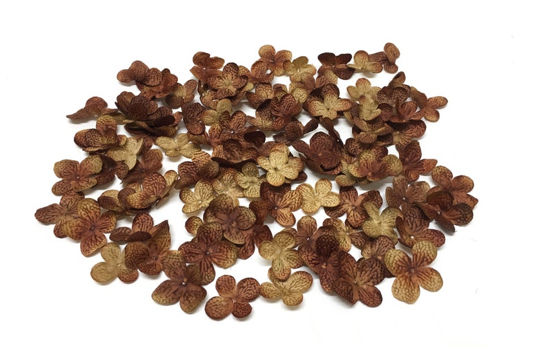 Artificial Flower Petals 80 Artificial Hydrangea Blossoms in Deep Brown- Silk Flowers Embellishments Millinery Wedding Hair Accessories