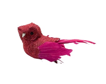 Decorative Magenta Red Burlap Feather Artificial Owl on Clip - Craft Embellishment, Artificial Bird, Home Decor, Halloween, Wreath, Wedding