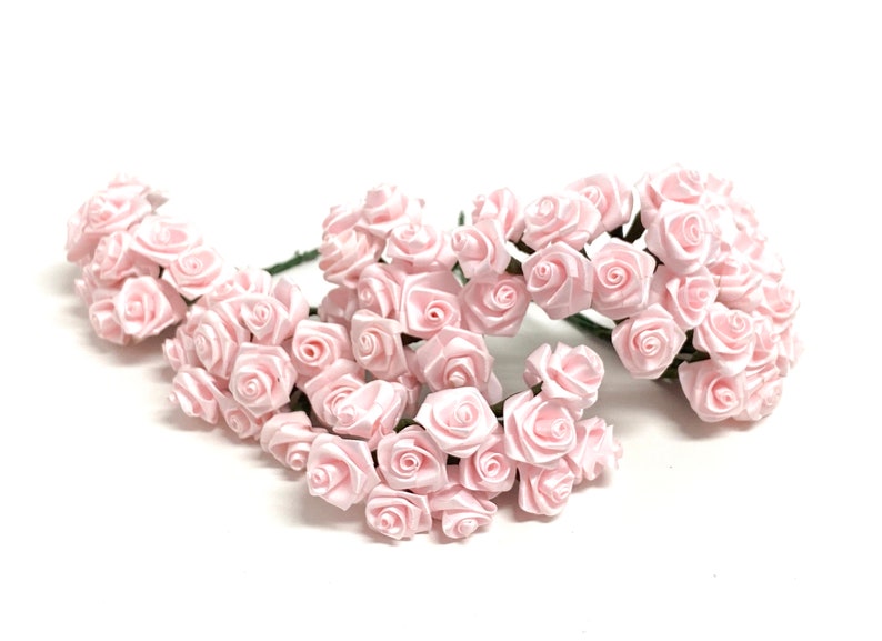 May include: A bunch of small, pale pink satin roses with green stems. The roses are arranged in a cluster, with some of the stems overlapping.