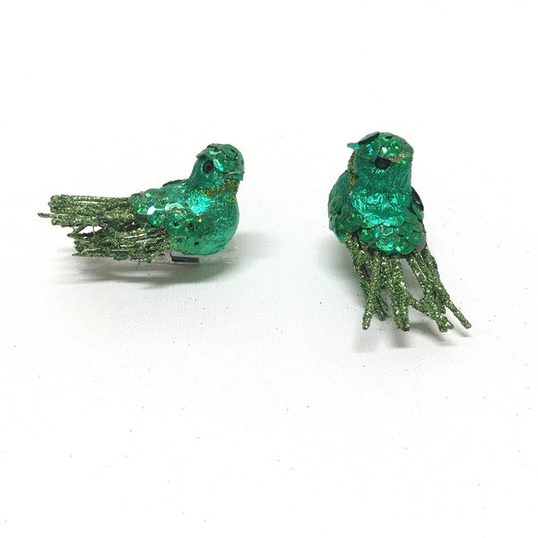 TWO Artificial Decorative GREEN Glitter Sequin Twig Birds on Clips - Craft Embellishment - Christmas Decoration, Hair Accessories, Wreath