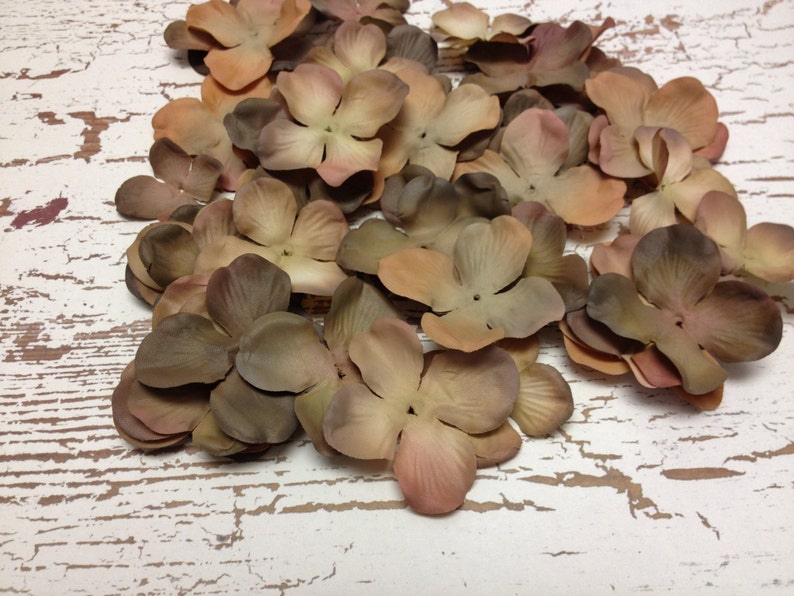 50 Dry Look Hydrangea Blossoms in Shades of Brown Artificial Flowers, Silk Flowers, Scrapbooking, Wedding, Flower Crown, Millinery image 4