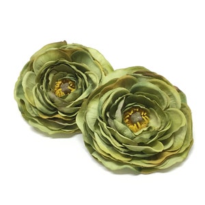 2 flores de ranúnculo artificial verde aguacate - flores artificiales, corona de flores, boda, flores de seda, accesorio para el cabello, carta de flores, tutú
