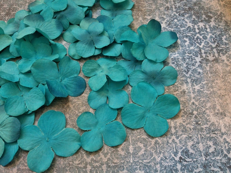 TURQUOISE Hydrangea Blossoms 50 Pcs Artificial Flowers, Silk Flowers, Flower Crown, Millinery, Scrapbooking, Wedding image 1