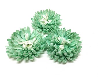 3 AQUA GREEN Artificial Mums On Clips - Artificial Flowers, Wedding, Silk Flowers, Hair Accessories, Tutu, Millinery, Wreath, Flower Crown