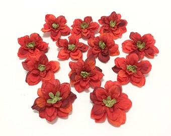 12 Tomato Red Artificial Delphinium Blossoms - Artificial Flowers, Silk Flowers, Flower Crown, Hair Accessories, Corsage, Millinery, Tutu