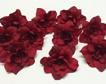 10 RED Artificial Delphinium Blossoms - Artificial Flowers, Silk Flowers, Hair Accessories, Flower Crown, Millinery, Scrapbooking, Millinery