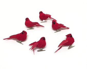 6 BLEMISHED Decorative Artificial Cardinal Birds On CLIPS -Craft Birds, Home Decor, Christmas Decorations, Wedding Birds, Christmas Ornament