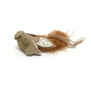 Artificial BURLAP PAPER FEATHER Bird on Clip - Craft Embellishment - Home Decor, Wedding, Christmas Ornament, Hair Accessories, Hat, Wreath