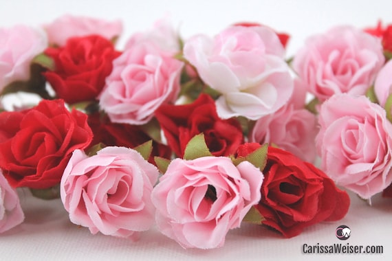 Silk Flowers Millinery Flower Crown 34 Tiny Pastel Pink and Red Sweetheart Roses Wedding MINIATURE Artificial Flowers