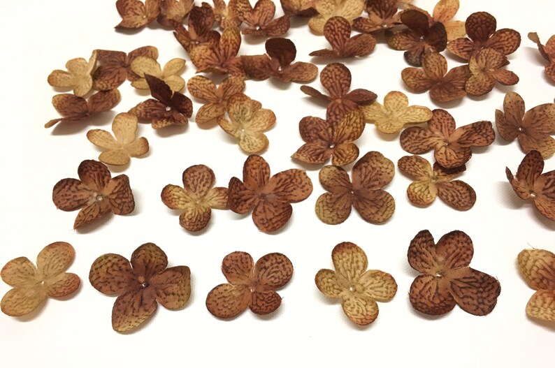Artificial Flower Petals 80 Artificial Hydrangea Blossoms in Deep Brown- Silk Flowers Embellishments Millinery Wedding Hair Accessories