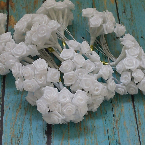 Artificial Flowers - One Lot of 144 Tiny Little Pure White Ribbon Roses - VERY SMALL FLOWERS
