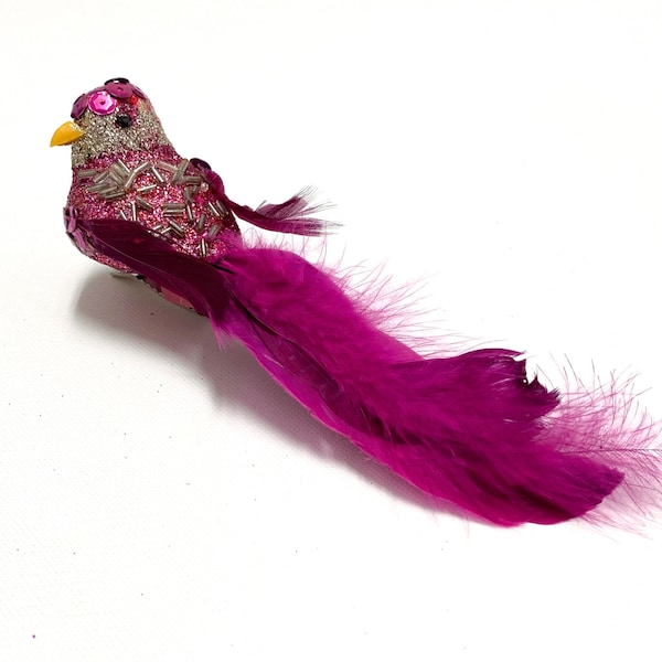 Artificial Decorative FUCHSIA Glitter Bird on Clip - Craft Supplies, Party Supplies, Floral Arranging Supplies, Wreath, Christmas Crafting