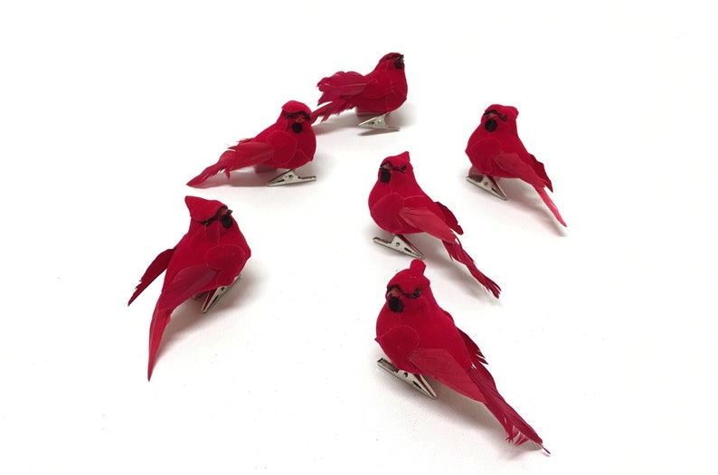 Artificial Birds 6 Decorative Artificial Cardinals ON CLIPS Craft Embellishment Home Decor, Christmas Decorations, Ornament, Wreath image 2