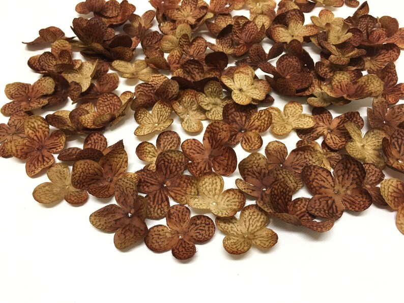 Artificial Flower Petals 80 Artificial Hydrangea Blossoms in Deep Brown- Silk Flowers Embellishments Millinery Wedding Hair Accessories
