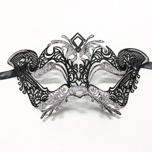 Masquerade Mask - BLACK/SILVER Laser Cut Metal Half Mask - Halloween Mask, Masquerade Ball, Day of the Dead, Costume Mask