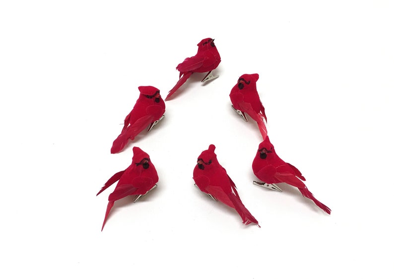 Artificial Birds 6 Decorative Artificial Cardinals ON CLIPS Craft Embellishment Home Decor, Christmas Decorations, Ornament, Wreath image 3