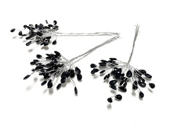 3 Sets BLACK Faceted Bead Picks - Artificial Flowers, Wedding Picks, Flower Crown, Hair Accessory, Millinery, Bouquet, Wedding, Scrapbook