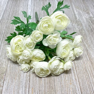 Artificial CREAM Mini Ranunculus Flower Bush - Flower Bush With Leaves - Artificial Flowers, Silk Flowers, Flower Crown, Hair Accessories