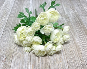 Sztuczny Krzew Kwiatowy Mini Ranunculus CREAM - Krzew Kwiatowy Z Liśćmi - Sztuczne Kwiaty, Kwiaty Jedwabne, Wianek Kwiatowy, Akcesoria Do Włosów